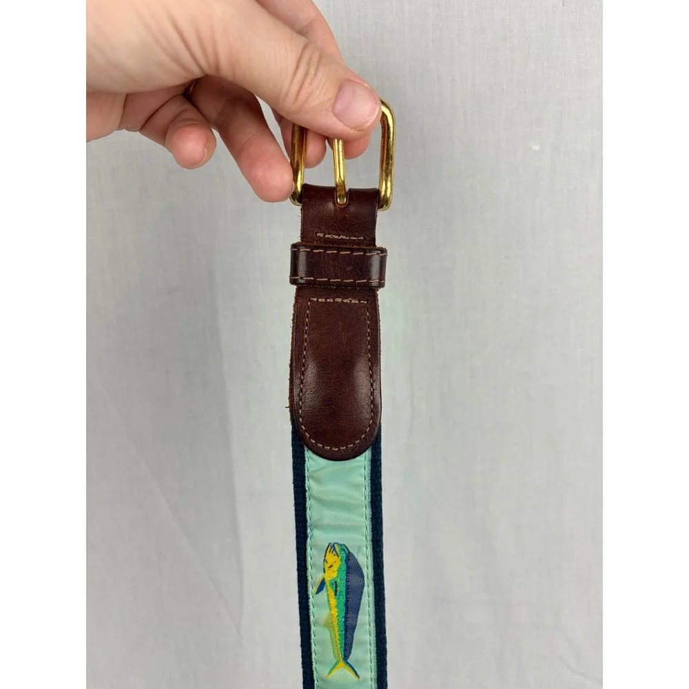 Preston New England Mens Mahi Mahi Fish Surcingle Belt Blu Green Leather Size 32